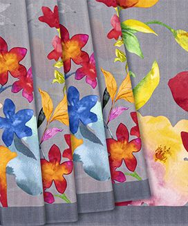 Grey Printed Crepe Silk Saree With Floral Motifs