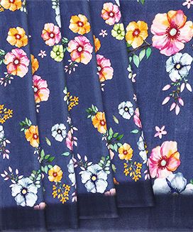 Navy Blue Printed Crepe Silk Saree With Floral Motif Prints