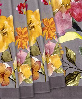 Dark Grey Printed Crepe Silk Saree With Floral Printed Motifs
