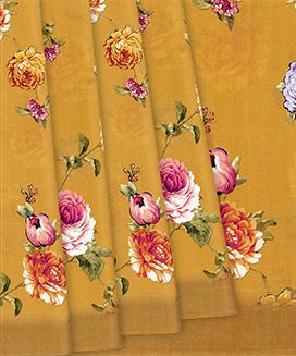 Turmeric Yellow Printed Crepe Silk Saree With Floral Motif Prints