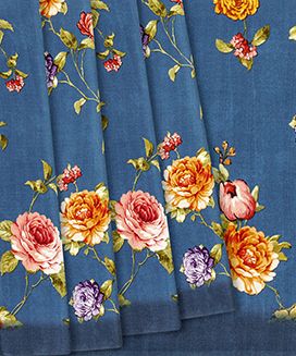 Blue Printed Crepe Silk Saree With Floral Prints