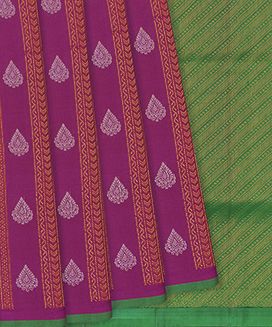 Magenta Handloom Soft Silk Saree With Floral Motifs & Stripes