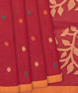 Red Handloom Dhakai Cotton Saree With Geometric Motifs