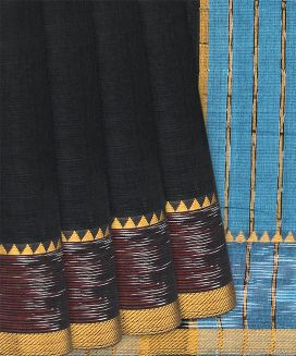 Black Handloom Mangalagiri Cotton Saree With Contrast Blue Pallu

