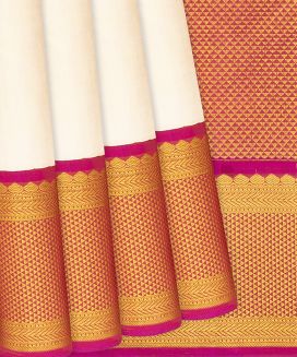 Cream Handloom Kanchipuram Korvai Silk Saree With Pink Border
