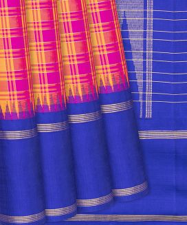Pink & Mustard Handloom Kanchipuram Korvai Silk Saree With Checks
