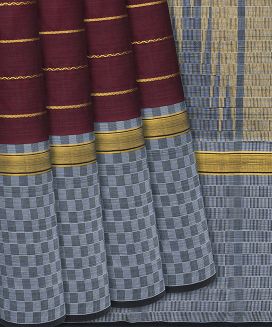 Maroon Handloom Kanchipuram Silk Saree With Stripes
