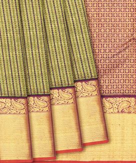 Sage Green Handloom Kanchipuram Silk Saree With Zari Checks