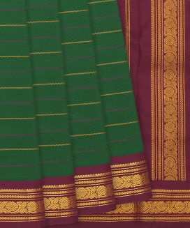 Dark Green Handloom Kanchipuram Korvai Silk Saree With Stripes