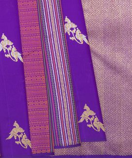 Purple Handloom Kanchipuram Silk Saree With Stripes & Parrot Motifs