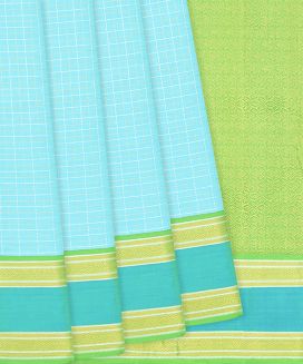 Turquoise Handloom Kanchipuram Silk Saree With Checks