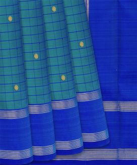 Cyan Handloom Kanchipuram Nine Yards Silk Saree With Checks
