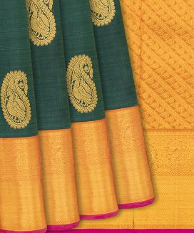 Dark Green Handloom Kanchipuram Silk Saree With Annam Mango Motifs 
