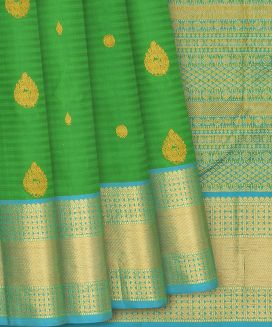 Leafy Green Handloom Kanchipuram Silk Saree With Annam Motifs
