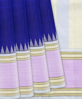 Blue Handloom Kanchipuram Korvai Silk Saree With White Border
