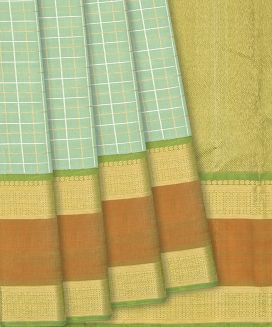 Mint Green Handloom Kanchipuram Silk Saree With Dual Checks