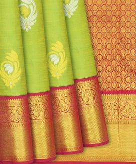 Green Handloom Kanchipuram Silk Saree With Floral Motifs in Gold And silver Zari 