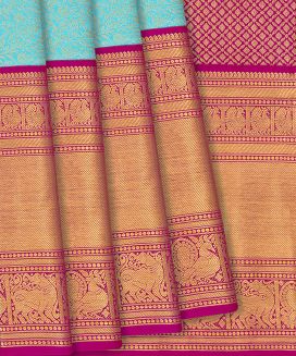 Turquoise Handloom Kanchipuram Korvai Silk Saree With Floral Vine Motifs