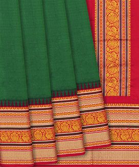 Dark Green Kanchipuram Silk Saree With Contrast Red Border