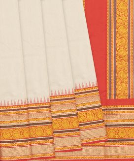 Cream Kanchipuram Silk Saree With Contrast Red Temple Border