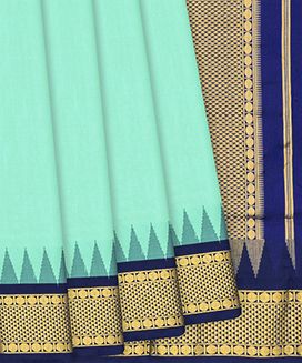 Turquoise Kanchipuram Silk Saree With Contrast Navy Border