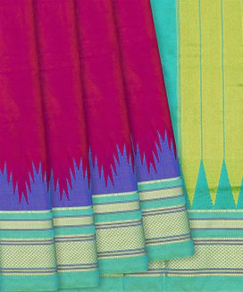 Pink Kanchipuram Silk Saree With Contrast Turquoise Border