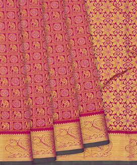 Pink Handloom Kanchipuram Silk Saree With Elephant Chakaram Motifs