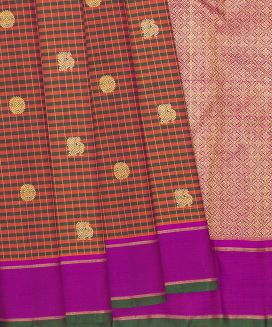Rust Handloom Kanchipuram Silk Saree With Checks & Annam Buttas