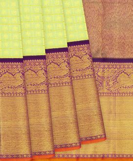 Light Green Handloom Kanchipuram Korvai Silk Saree With Beldari Checks