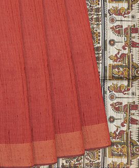 Red Handloom Dupion Silk Saree With Printed Chariot Motifs
