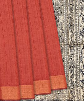 Red Handloom Dupion Silk Saree With Printed Chariot Motif