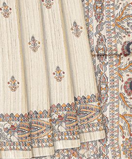Beige Handloom Tussar Silk Saree With Printed Wedding Motifs
