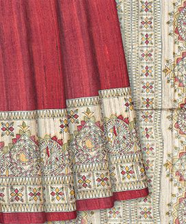 Red Handloom Tussar Silk Saree With Printed Fish Motifs
