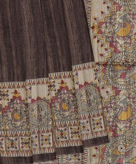 Dark Brown Handloom Dupion Silk Saree With Printed Fish Motifs