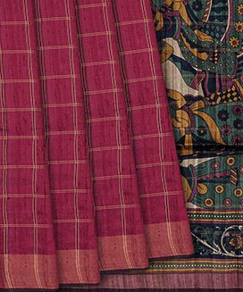 Chestnut Pink Handloom Dupion Silk Saree With Checks