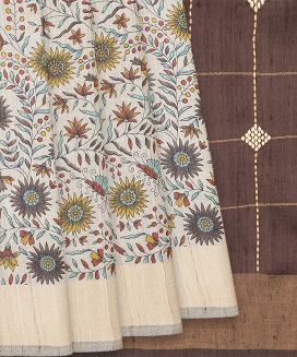 Beige Handloom Dupion Silk Saree With Printed Floral Motifs

