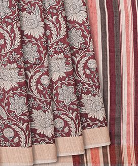Crimson Handloom Tussar Silk Saree With Printed Floral Vine Motif
