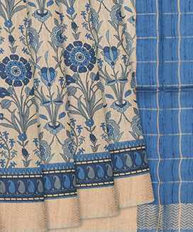 Beige Handloom Dupion Silk Saree With Printed Blue Floral Motifs