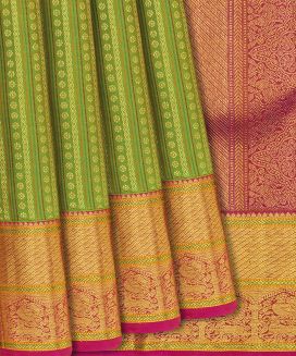 Green Handloom Kanchipuram Silk Saree With Kamalam Motif Stripes
