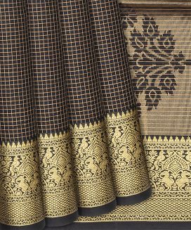 Black Handloom Soft Silk Saree With Zari Checks
