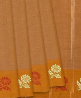 Rust Handloom Chettinad Cotton Saree With Floral Motifs