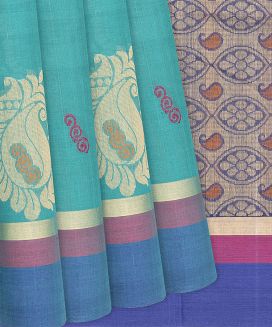 Turquoise Handloom Village Cotton Saree With Mango Motifs
