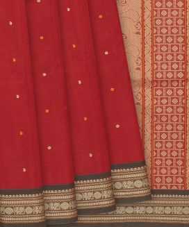 Red Handloom Kanchi Cotton Saree With Mango Motifs