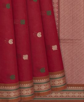 Red Handloom Village Cotton Saree With Mango Motifs
