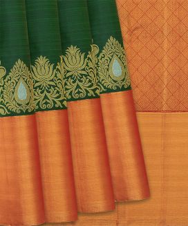 Dark Green Handloom Kanchipuram Korvai Silk Saree With Floral Motifs
