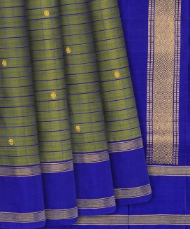 Sage Green Handloom Kanchipuram Nine Yards Silk Saree With Checks