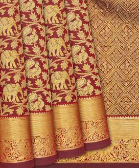 Maroon Handloom Kanchipuram Silk Saree With Annam & Elephant Motifs
