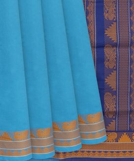 Turquoise Handloom Poly Cotton Saree With Annam Motifs
