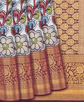 White Kanchipuram Printed Silk Saree With Maroon Border