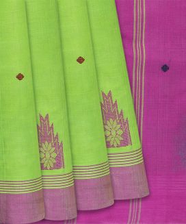 Neon Green Handwoven Rasipuram Cotton Saree With Coin Motifs
